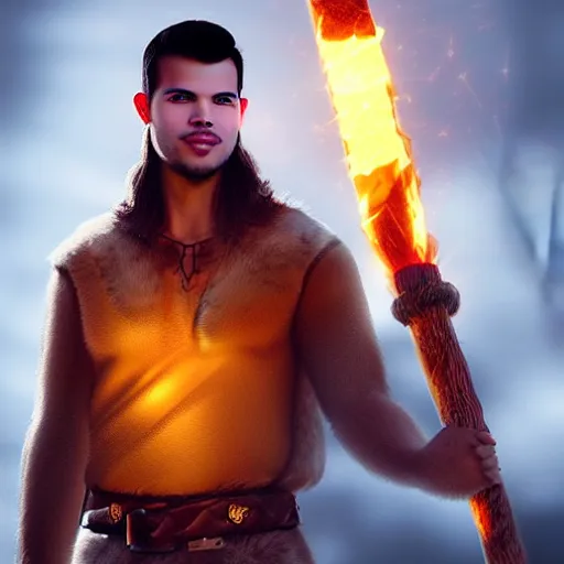 Prompt: Taylor Lautner wearing a viking tunic holding a glowing fire magical staff. Trending on Artstation, octane render, ultra detailed, art by Ross tran