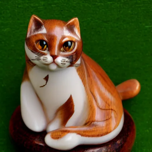 Image similar to elegant seductive anthropomorphic cat figurine wearing a kimono, hand carved brown resin, toggles, very highly detailed, intricate, monotone, shy looking down
