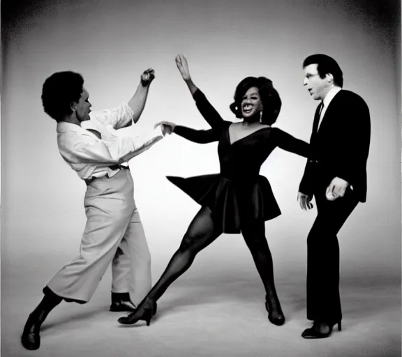 Image similar to john travolta and Oprah Winfrey doing whip-it’s, photograph by Dorothea Lange