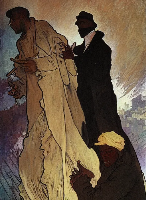 Prompt: black man in a trench coat with a long hook for a hand hovering over a corpse by mucha and rutkowski