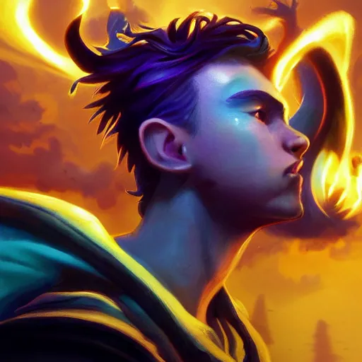 Prompt: a stylized portrait of a young boy with wavy brown hair and green eyes as an evil warlord, stylized, arcane magic, blue and purple vapor, neon color, vivid color, lens flare, volumetric light from below, background by justin gerard, hyperdetailed concept art by Ross Tran and Greg Rutkowski, high quality DnD illustration, trending on ArtStationHQ, 8k