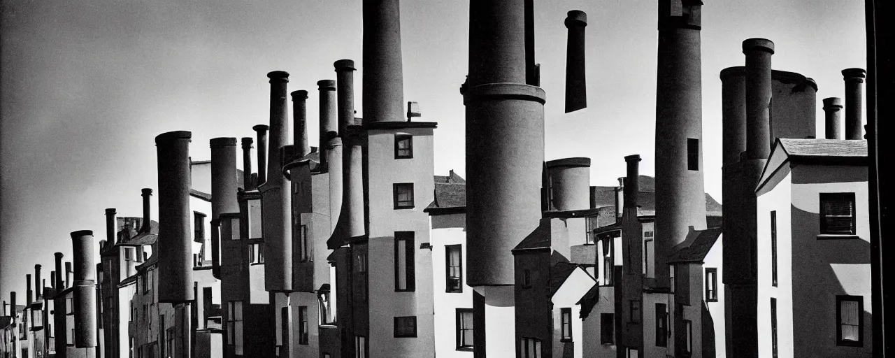 Prompt: an town houses with chimneys in the shape of fingers, by bill brandt, surreal, high contrast, monochromatic, sharp focus, Highly Detailed