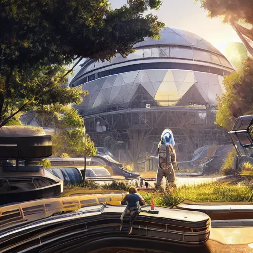 Image similar to clean white sci-fi dome in a pleasant urban setting surrounded by families, peaceful, majestic, in style of apex legends, art station, ultra hd, soft light, overhead sun, ultra hd, art station