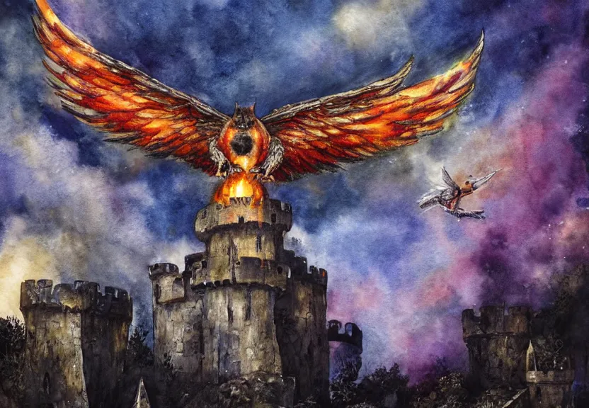 Image similar to legendary fire winged possum flying over a medieval forest castle at night under the dark starred sky, dark fantasy, watercolor, dreaming illusion, highly detailed, 4k, trending on Artstation