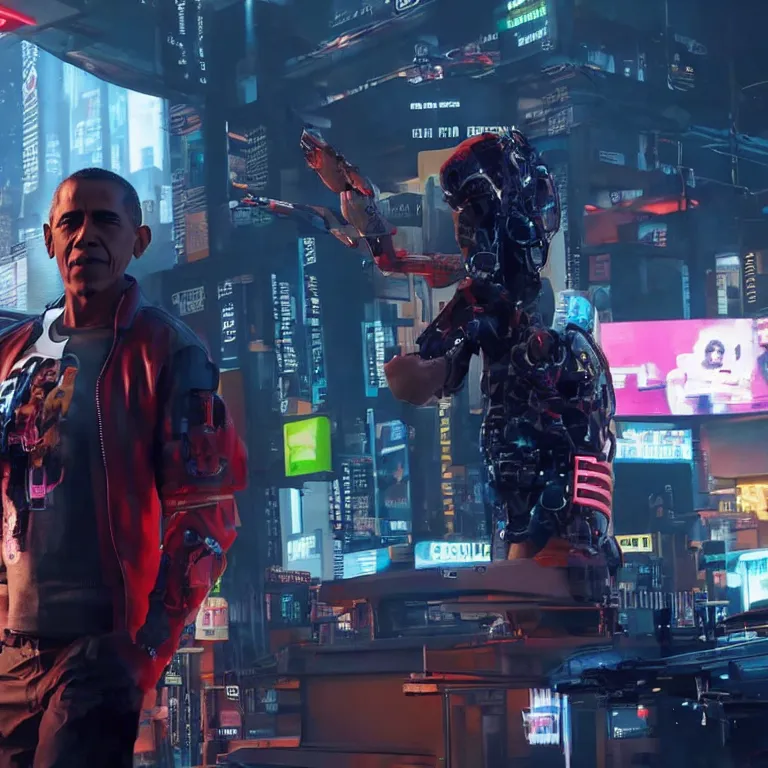 Image similar to barack obama as a cyborg in cyberpunk 2 0 7 7, technological, movie footage, high - tech, still frame