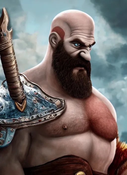 Image similar to painted white Homer Simpson depicted as Kratos God of War, high detailed official artwork