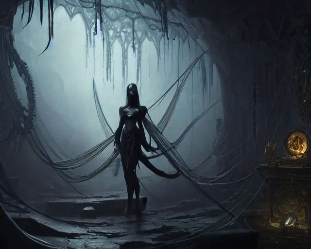 Image similar to a 4 k cinematic screenshot still portrait of a dark elf in a dark liminal space room surrounded by spider webs, deep focus, d & d, fantasy, intricate, elegant, highly detailed, digital painting, art station, concept art, matte, sharp focus, illustration, dark fantasy style art, hearthstone, art by artgerm and greg rutkowski and alphonse mucha