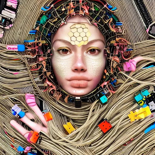 Image similar to give me a higher love, piles of modular synth cables, kawaii puerto rican goddess swimming up wearing a headpiece made of circuit boards, by cameron gray, wlop, stanley kubrick, masamune, hideki anno, jamie hewlett, unique perspective, trending on artstation, 3 d render, vivid