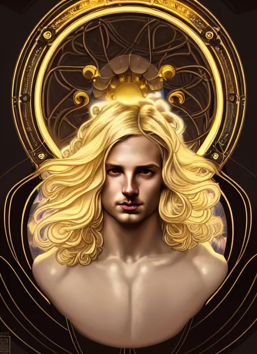 Image similar to portrait of smirking young god apollo, wavy blond hair, bright halo, glowing eyes, volumetric lights, platinum gold scheme, art nouveau botanicals, gothic, intricate, highly detailed, digital painting, artstation, concept art, smooth, sharp focus, symmetric face, illustration, steampunk, art by artgerm and greg rutkowski and alphonse mucha