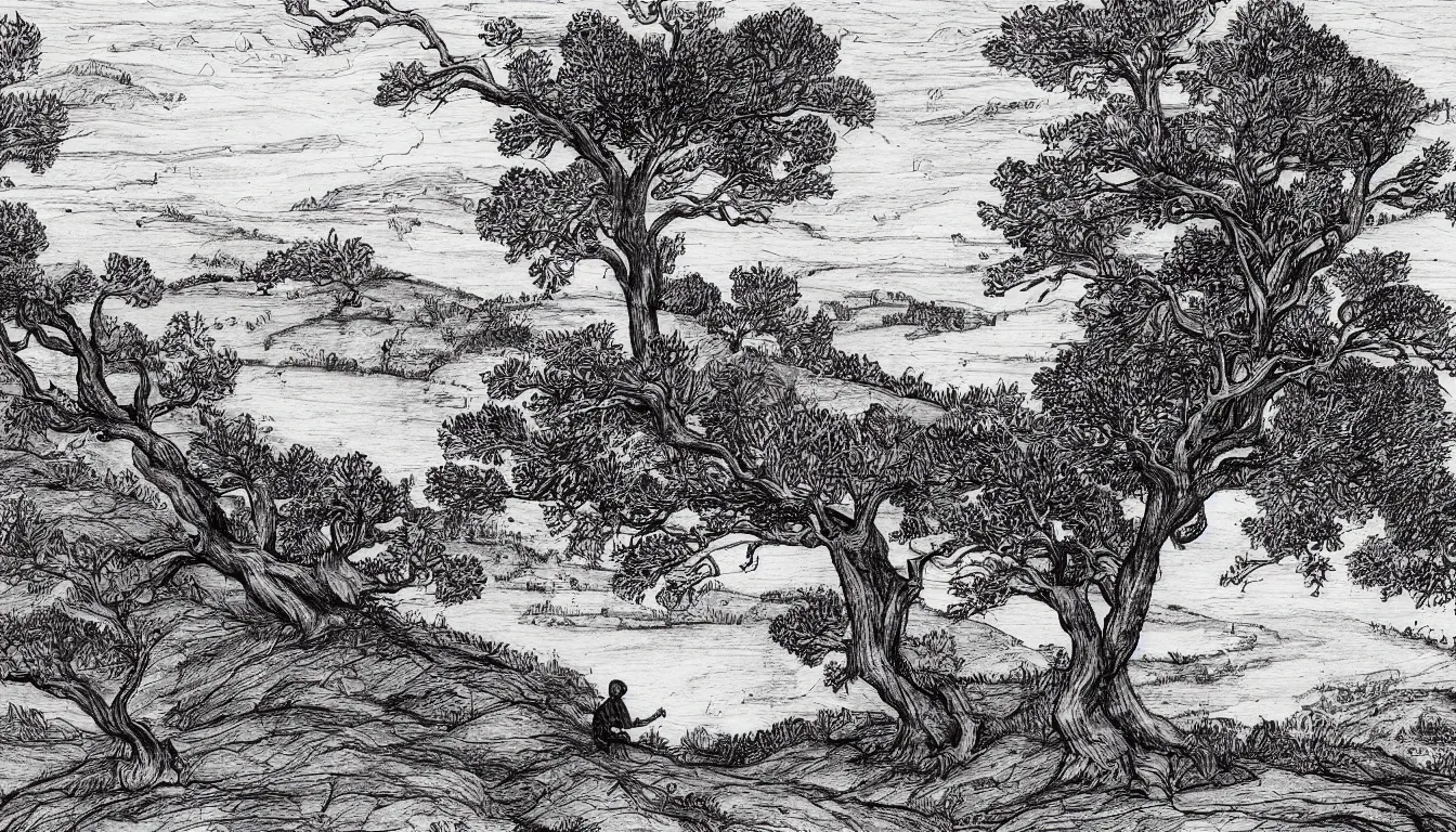 Image similar to a person sits on a hill overlooking a river, wind blown trees, pen and ink, 1 5 0 0 s, 8 k resolution