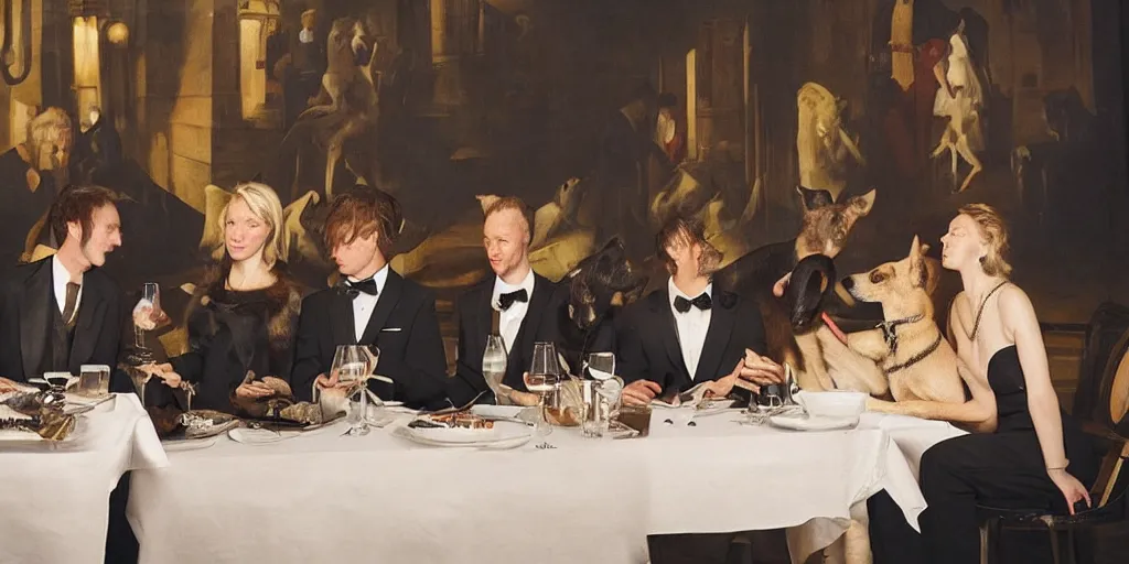 Prompt: dogs wearing suits and dresses eating dinner at a fancy restaurant, very atmospheric lighting, award winning photo, masterpiece