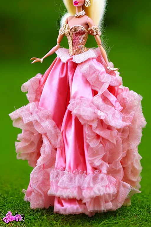 Premium AI Image  A Barbie Girl in a magnificent pink and golden dress  crowned with a glorious queen's crown
