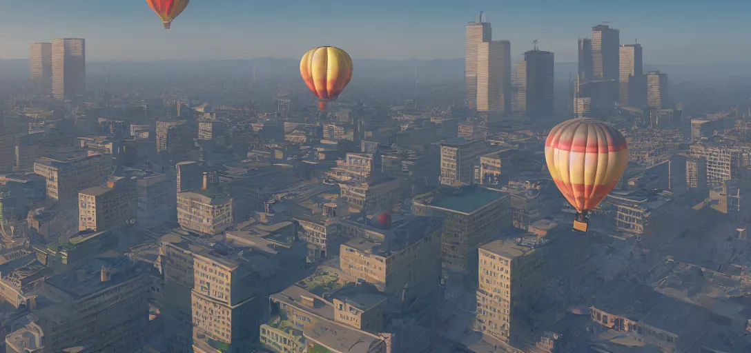 Prompt: a giant hot air balloon of hank hill looms over a city, rendered in octane, high detail, 8 k