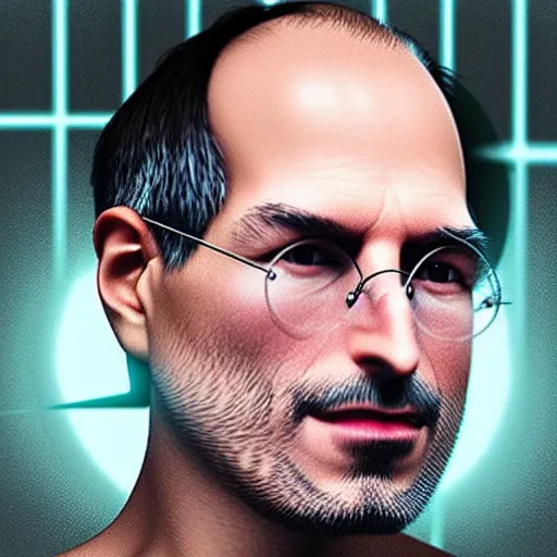 Image similar to “a hyperreal stylized portrait photograph of Steve Jobs wearing an Augmented Reality visor, in the year 2030, cyberpunk”