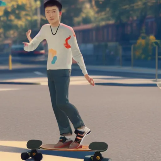 Image similar to Alex Chen from Life is Strange True Colors riding a skateboard