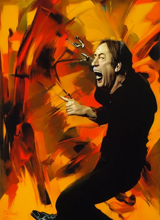 Image similar to 'bob odenkirk screaming, painting by phil hale, 'action lines'!!!, graphic style, visible brushstrokes, motion blur, blurry