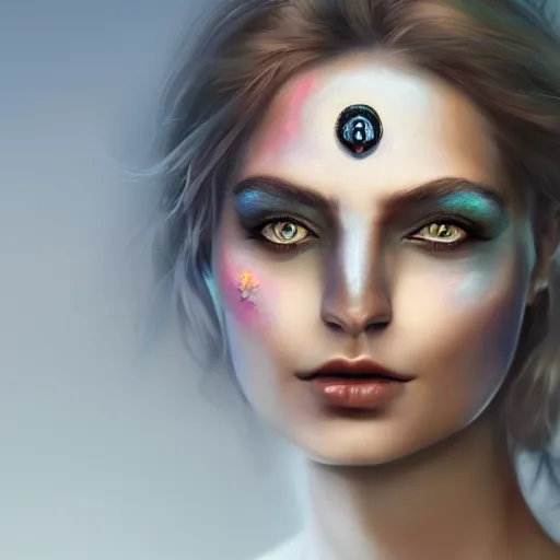 Prompt: face portrait of a woman, inspired by mandy jurgens, fractal face jewellery, light make up, 4 k, high detailed, illustration