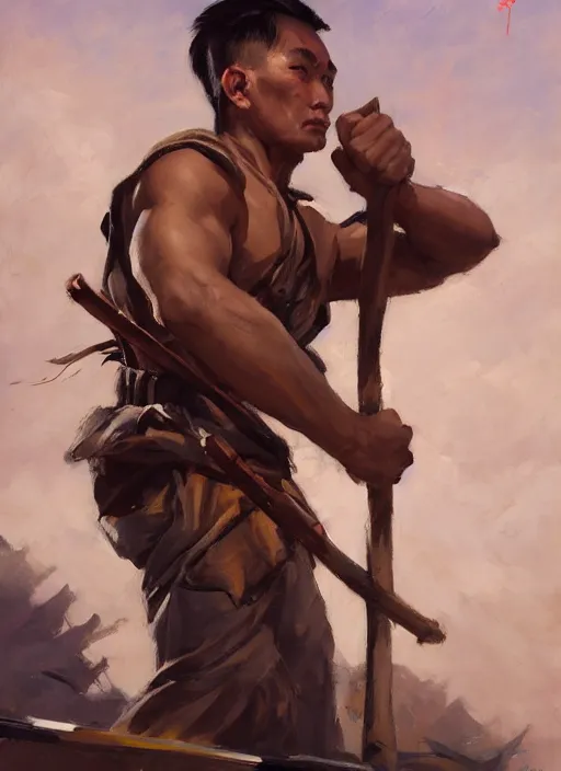 Prompt: greg manchess side portrait of a filipino fighter with a staff standing on a tank, organic painting, sunny day, matte painting, bold shapes, hard edges, street art, trending on artstation, by huang guangjian, gil elvgren, ruan jia, randy vargas, greg rutkowski