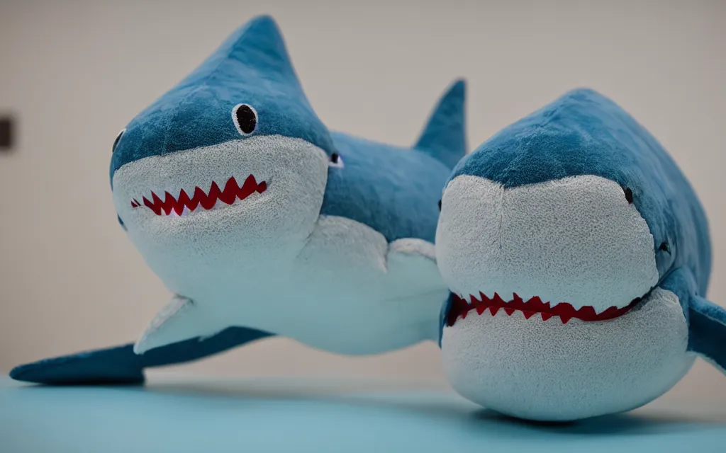 Prompt: Shark plush sitting in the doctors waiting room, stuffed toy, fish, good lighting, 50mm, depth of field