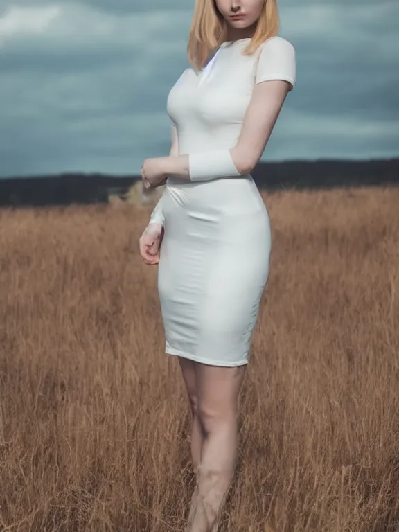 Image similar to studio photo of gorgeous seductive emily skinner cosplaying annie leonhart wearing tight white dress, beautiful face, pale skin, rule of thirds, cinematic lighting, sharp focus, backlit, stunning, smooth, hard focus, full body shot