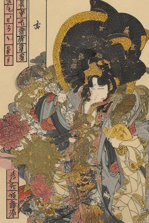 Image similar to hyperdetailed matte illustration of a knight wearing an ornate gold headpiece and holding a flower with a map of the collective subconscious in the background by hokusai