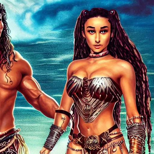 Prompt: An epic fantasy comic book style portrait painting of a very beautiful Jason Momoa and Ariana Grande in Waterworld (1995) character design by Mark Ryden and Pixar and Hayao Miyazaki, unreal 5, DAZ, hyperrealistic, octane render, cosplay, RPG portrait, dynamic lighting, intricate detail, summer vibrancy, cinematic