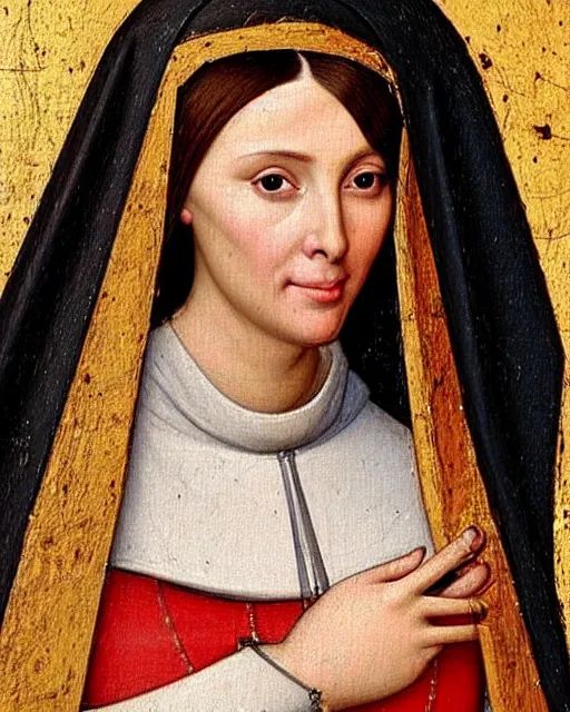 Prompt: medieval portrait of kim kardashian dressed as a beautiful battle nun, in the style of eugene de blaas, perfect face,