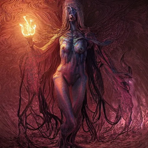 Image similar to photorealistic eldritch demon woman in the style of michael whelan and gustave dore. hyperdetailed photorealism, 1 0 8 megapixels, amazing depth, high resolution, 3 d shading, 3 d finalrender, 3 d cinematic lighting, glowing rich colors, psychedelic overtones, artstation concept art.