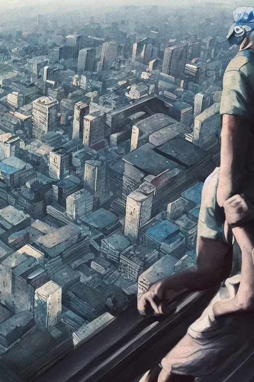 Image similar to Sad gopnik boy in black adidas sportswear squating фand looking atop of a urban plateau filled with soviet residential buildings, summer, dreamy, beautiful clouds, birds in the sky, ultra detailed, beautiful lighting, wallpaper, cityscape, beautiful artwork by Makoto Shinkai