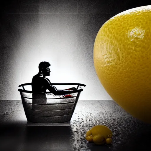 Image similar to a man in a bathtub bathing in lemons, Realism, HDR, Stock Photo, Ultra Lighting