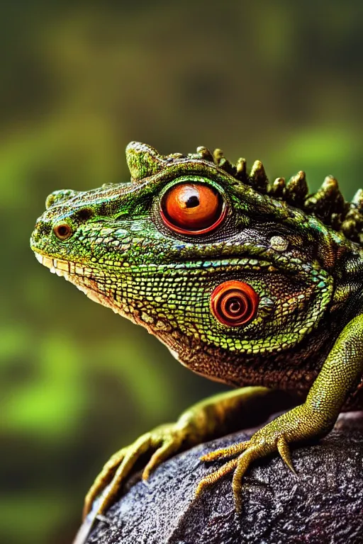 Prompt: a macro portrait photo of a gentleman lizard wearing a monocle and a top hat lounging on a moss covered rock, shiny scales, moss and vegetation, ancient forest, close - up, intricate details, intricately detailed textures, warm lighting, vivid colors, smoke and mist, hyper realistic octane render, volumetric shading, depth of field, raytracing, 8 k,