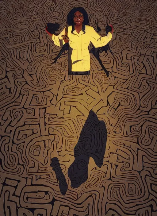 Image similar to poster artwork by Michael Whelan and James Jean, of Octavia Spencer has a invisible shadow man's voice in her head, reality is a labyrinth parking lot, psychological thriller from scene from Twin Peaks, clean, simple illustration, nostalgic, domestic, full of details