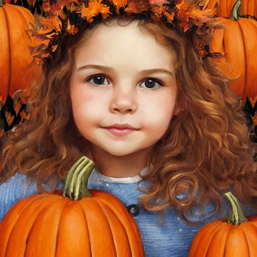 Image similar to a cute little girl with light brown wavy curly hair and blue eyes sitting amidst piles of pumpkins. beautiful cute highly detailed face. she is wearing a crown of autumn leaves. autumn and fall and halloween themed painting by artgerm and greg rutkowski and magali villanueve.