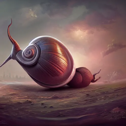 Prompt: huge snail by rik oosternbroek, concept art, masterpiece, digital art, ultra detailed, sharp focus, cinematic lighting, 8 k hd resolution