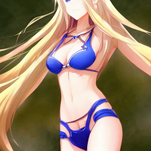 Image similar to a very beautiful mature yuuki asuna, full body, long wavy blond hair, sky blue eyes, full round face, bikini, miniskirt, front view, mid - shot, highly detailed, cinematic wallpaper by stanley artgerm lau