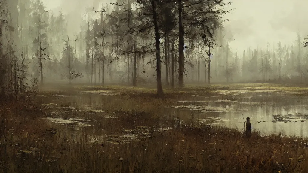 Image similar to view of swamp landscape, high quality, watercolored, jakub rozalski, dark colours, dieselpunk, artstation