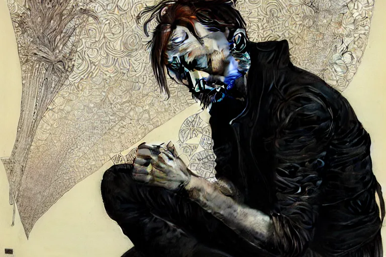 Image similar to hyper realistic portrait of thom yorke singer songwriter, side, flat face, liminal space, by lee bermejo, alphonse mucha and greg rutkowski