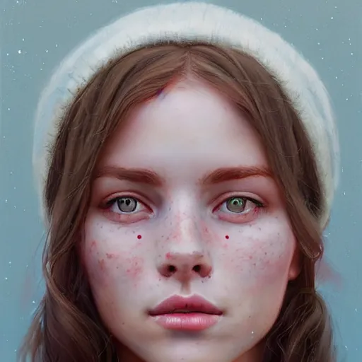 Image similar to Facial portrait of a pretty cottagecore girl, looking at the camera, slight awkward smile, lips slightly parted, hardly visible freckles, no hands visible, extremely detailed painting by Greg Rutkowski and by Steve Henderson and by Harumi Hironaka