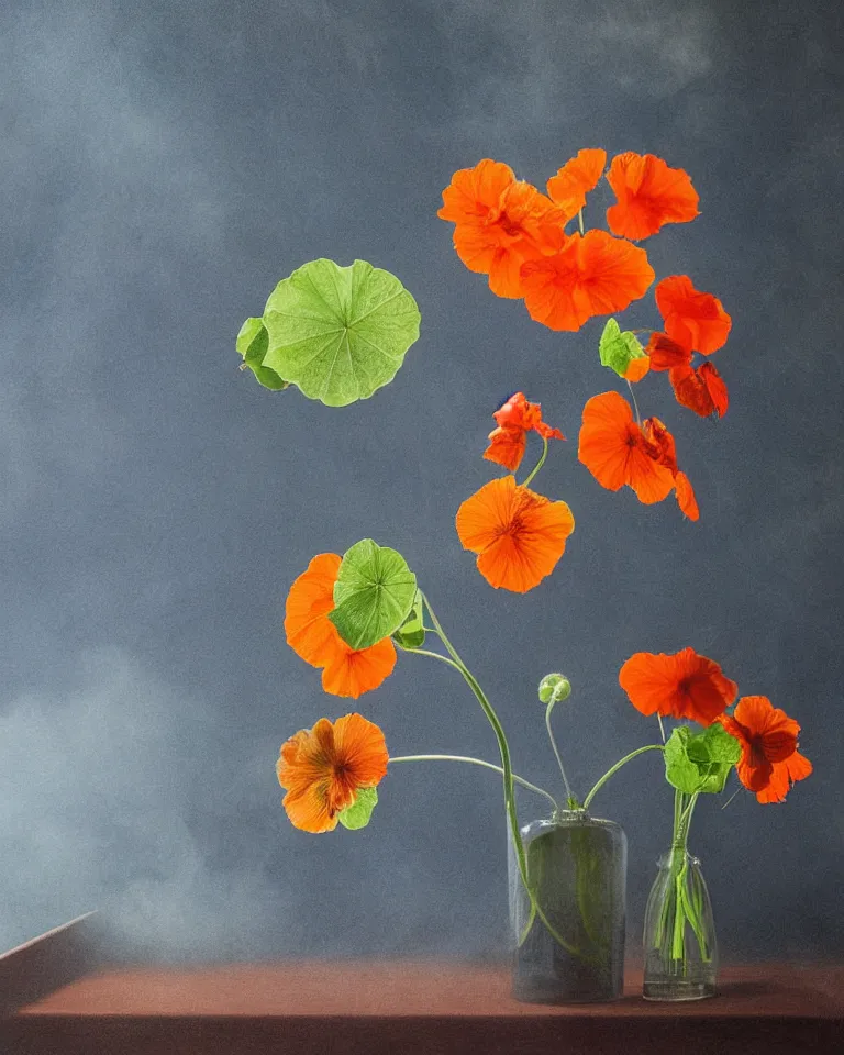 Image similar to photorealistic photograph still life of nasturtium surrounded by blueish smoke with soft light coming from a window in a dark room, moody