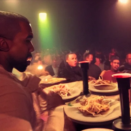 Image similar to blurry, gopro footage of kanye west eating at taco bell, cinematic, volumetric lighting, night, rain