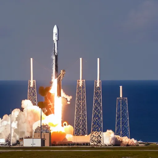 Prompt: photo of the spacex falcon 9 spacecraft launch from cape canaveral, detailed, realistic, focus