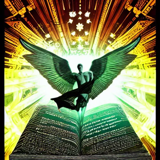 Image similar to / https : / / s. mj. run / wyvbb 5 w 7 9 f 8 photograph of a book cover. the cover illustrated with a picture of icarus, dark colors, hyper detail, tangled ornamental scrollwork, sharp focus, dark, night, stars, single light, vignette, magic, adventure, fantasy, 4 k