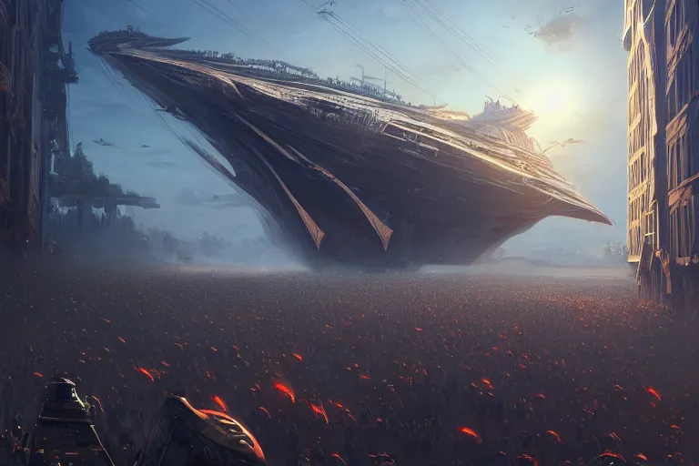 Image similar to detailed intricate digital illustration by greg rutkowski and artgerm and wlop and sanford robinson gifford ; colossal mothership vessel of immeasurable size arriving in our atmosphere, perspective of crowd of people on the ground looking up ; 1 3 mm film, wide angle ; golden hour, lens flare, trending on artstation 8 k