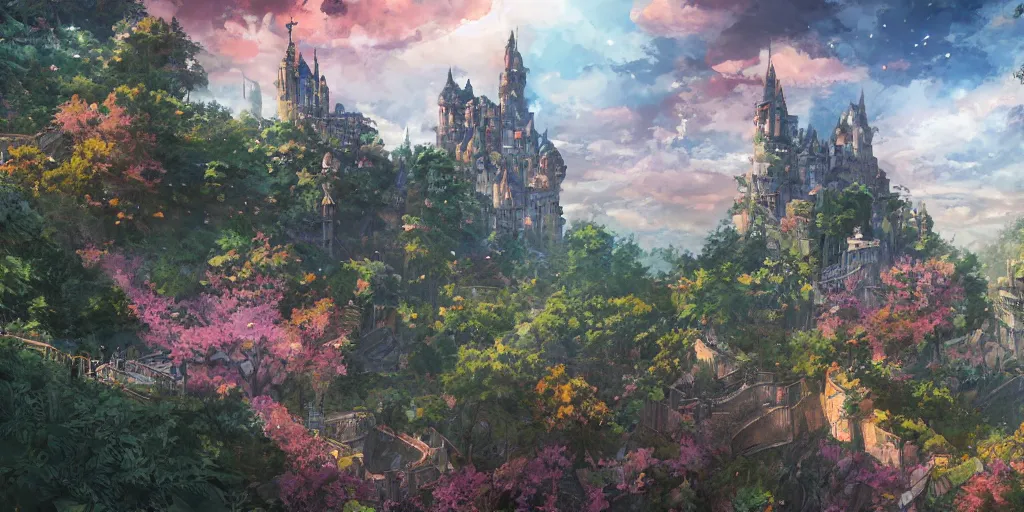 Prompt: in the middle of the fantastic wilderness stands the castle, wide, dream, shinkai makoto, rich colors, height lighting, illustration, crazy detail, hyper - detail