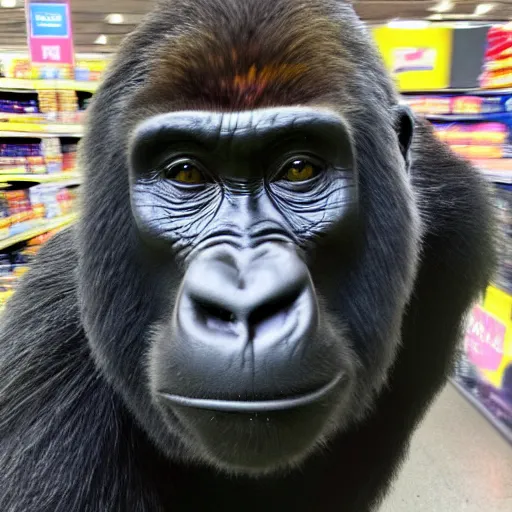 Image similar to photo of gorilla in walmart, cell phone camera, zoom,