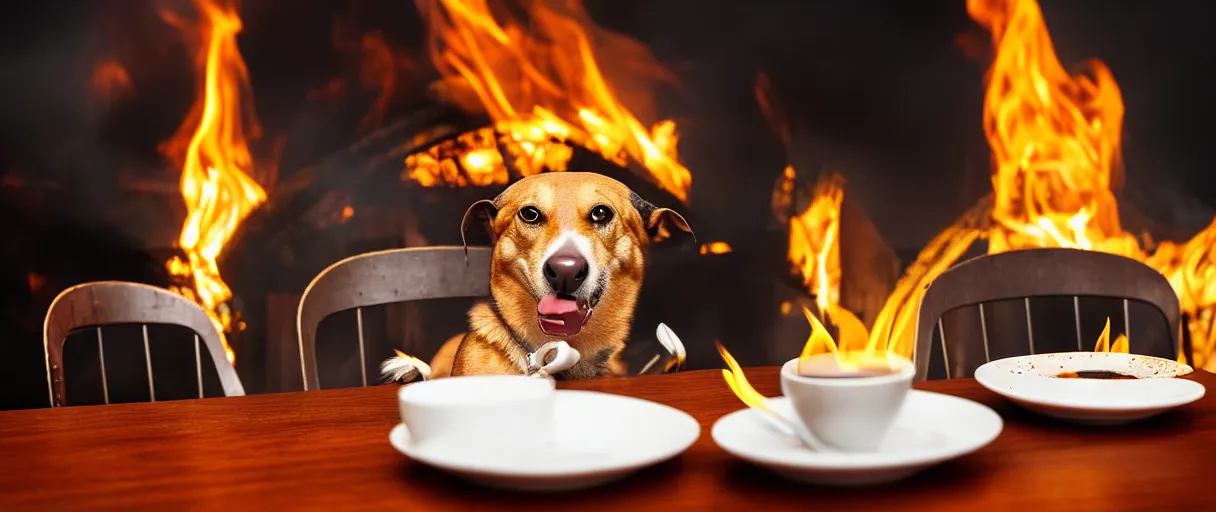 Image similar to a photograph (flash on) of a relaxed anthropomorphic dog sitting on a chair at a dinner table (no fire at all there), surrounded by flames, cup of coffee on the table, huge fire on this dining room in the background, a lot of flames behind the dog, black smoke instead of the ceiling, no watermark