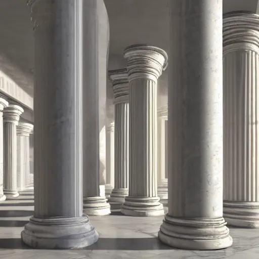 Prompt: a set of classical marble columns and classical orders, each column mutates slightly from its neighbor, volumetric lighting, light rays, photorealistic, ultrarealistic, coronarender, 8k