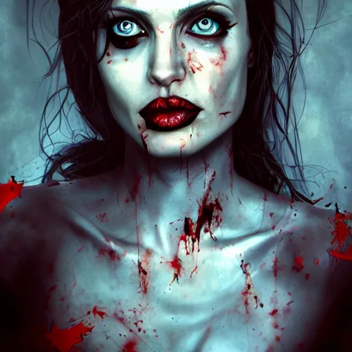 Image similar to a zombie Angelina Jolie, by WLOP, horror, wounds, bloody, dark fantasy, trending on artstation