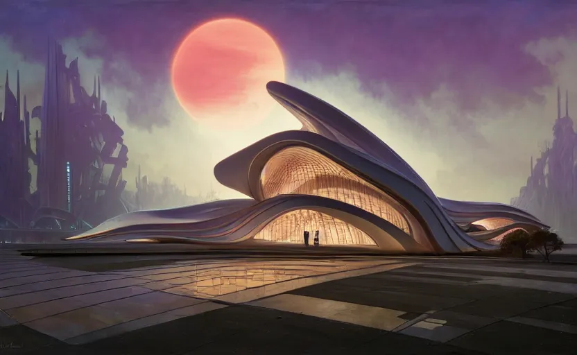 Prompt: exterior shot of utopian architecture building with cinematic lighting by zaha hadid and renzo piano, darek zabrocki and greg ruthkowski, alphonse mucha, simon stalenhag, cinematic, epic, holy place, paradise, scifi, futurism, atmospheric, sunset, concept art, artstation, trending on artstation