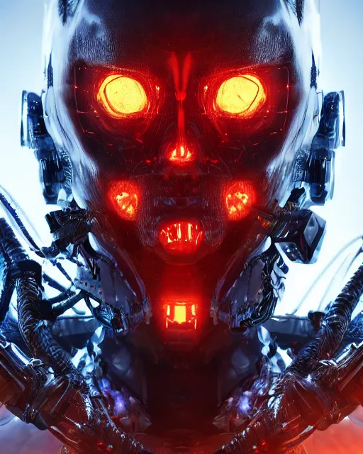 Image similar to a close up sci fi horror portrait of a cyber demon fused into complex cables and wearing realistic sci fi armor, cinematic lighting, smooth, high detail, glowing eyes, dark fantasy, unreal engine, octane render, by vitaly bulgarov artstation, golden rule, death and corruption, vray, fog volumes, vivid color glow, cgsociety